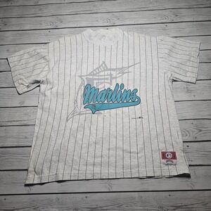 Vintage Florida Marlins‎ Baseball Nutmeg Single Stitch T-Shirt Pinstripe L / XL